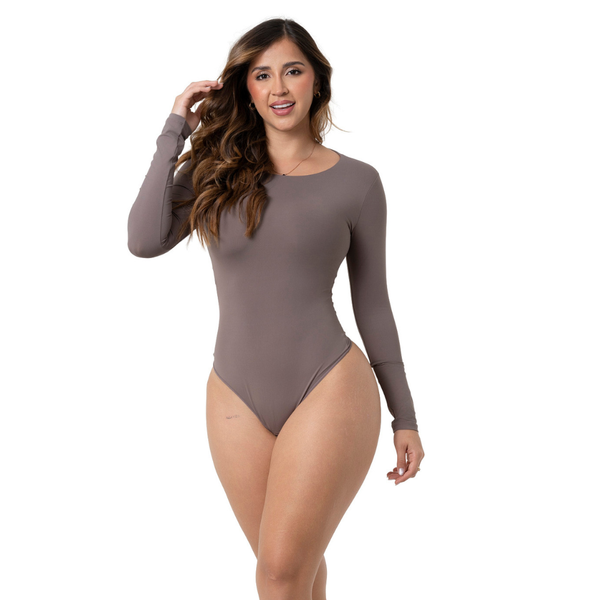 Fajas Salome SH-TD03L5 taupe long sleeve bodysuit shaper, Colombian shapewear body shaper front view for women