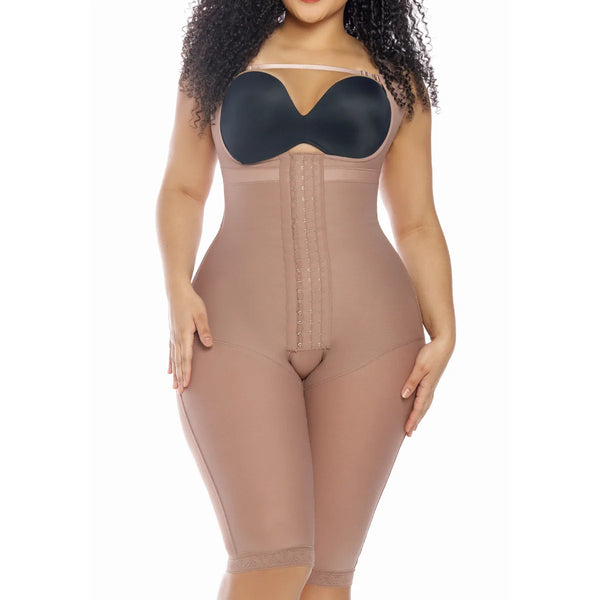 Fajas Salome 232 nude post-surgery faja colombiana with hook closure and knee-length cut, Colombian shapewear front view