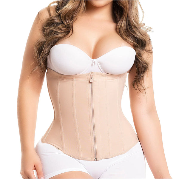 Fajas Salome 315 beige zipper waist trainer front view, Colombian shapewear body shaper for daily compression