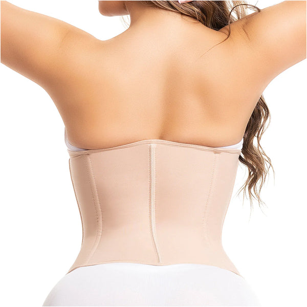 Fajas Salome 315 beige waist trainer back view, Colombian shapewear with boned panels for daily body shaper use