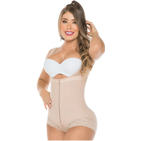 Fajas Salome 411 beige open-bust panty body shaper with zipper closure, daily Colombian shapewear for women side view