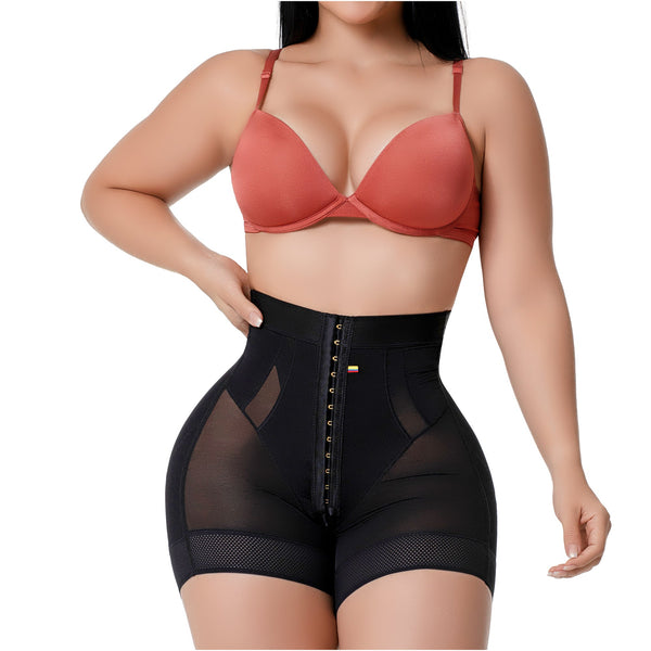 Fajas Salome TC01 black high-waist shaper shorts with hook closure and mesh panels, Colombian shapewear for daily body shapin