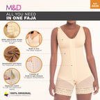 Fajas MyD 0029 beige full-body post-surgery faja with built-in bra and hook closure, Colombian shapewear front view