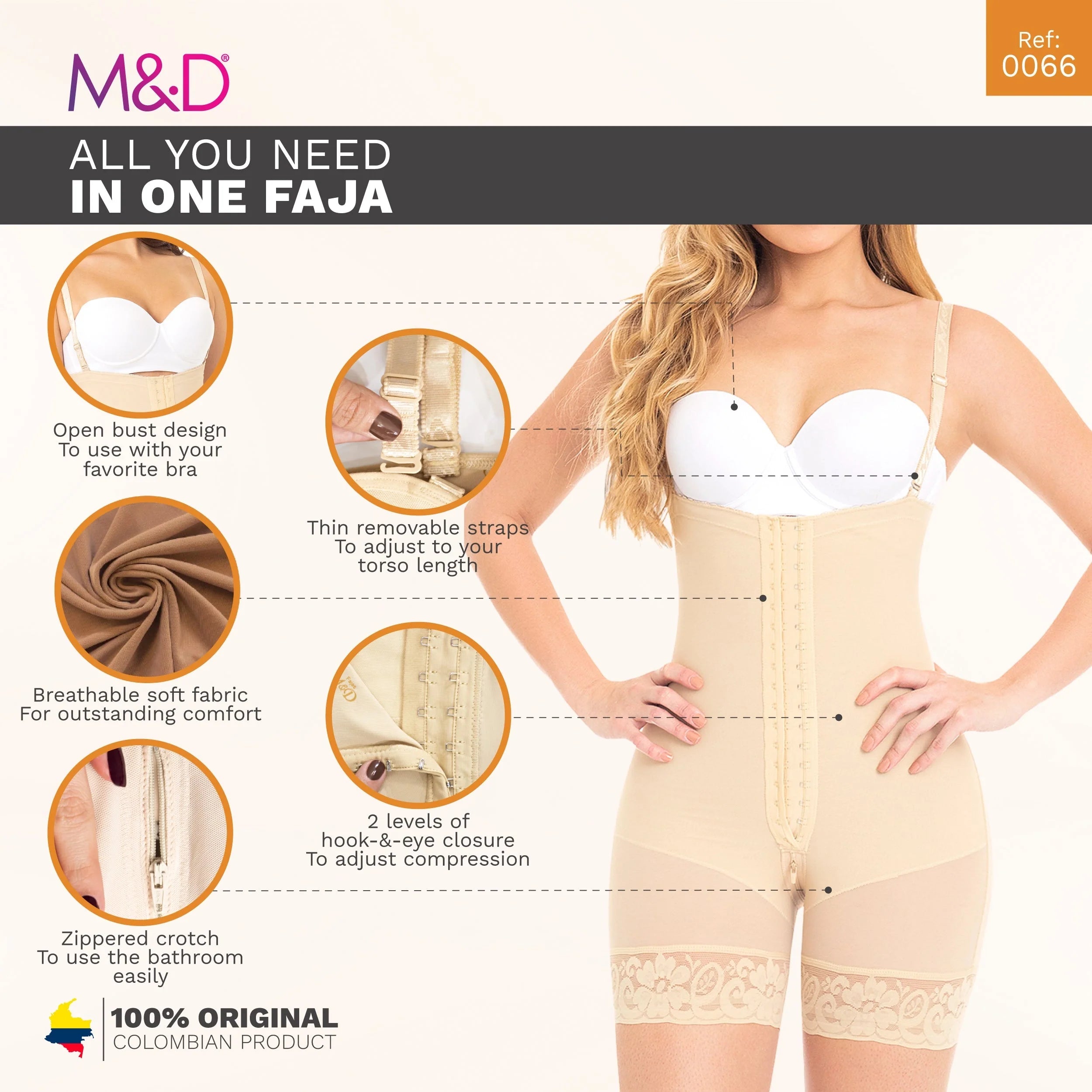 Fajas MyD 0066 beige open-bust post-surgery faja colombiana with hook-eye closure and lace trim front view