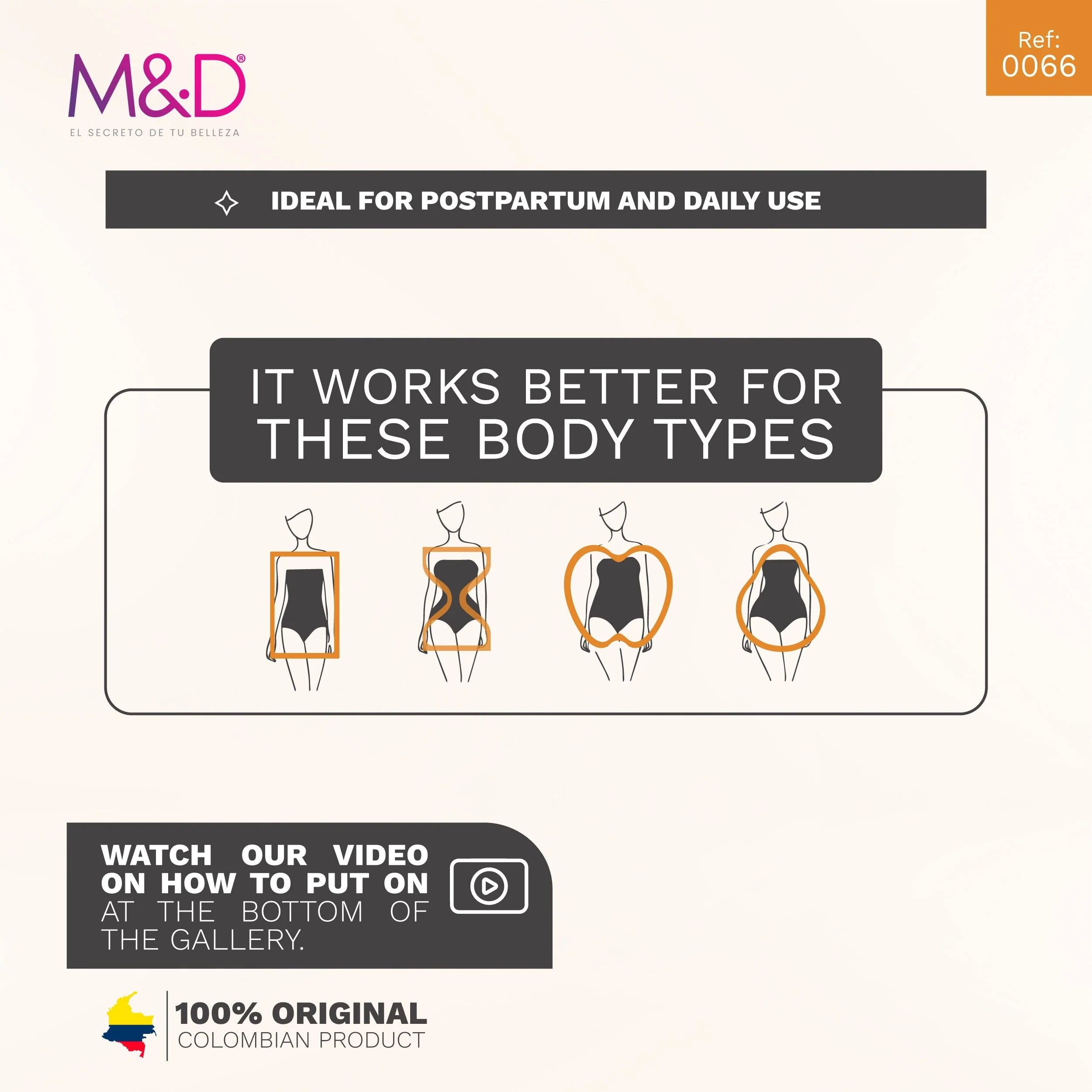Fajas MyD 0066 body shaper infographic showing compatible body types, Colombian shapewear ideal for postpartum daily use