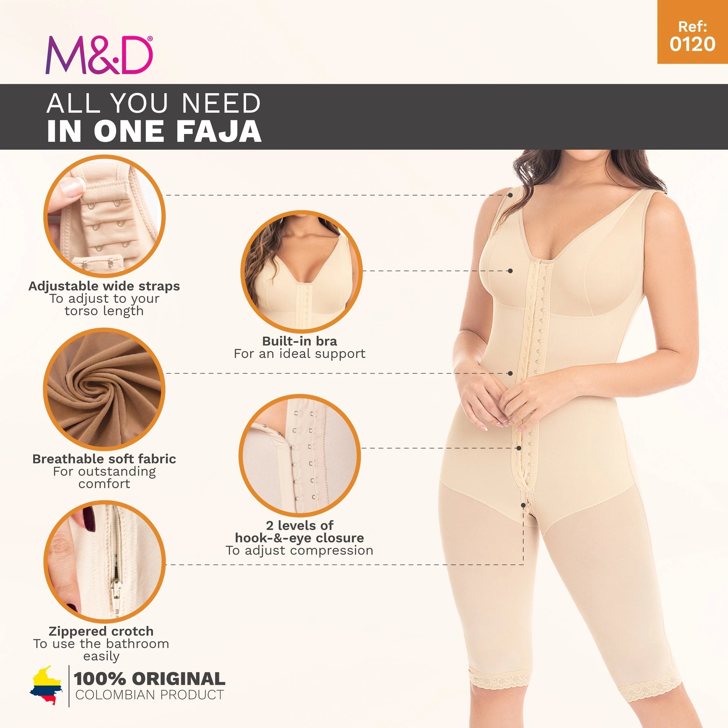 Fajas MyD 0120 beige full-body post-surgery faja with built-in bra and hook closure, Colombian shapewear front view