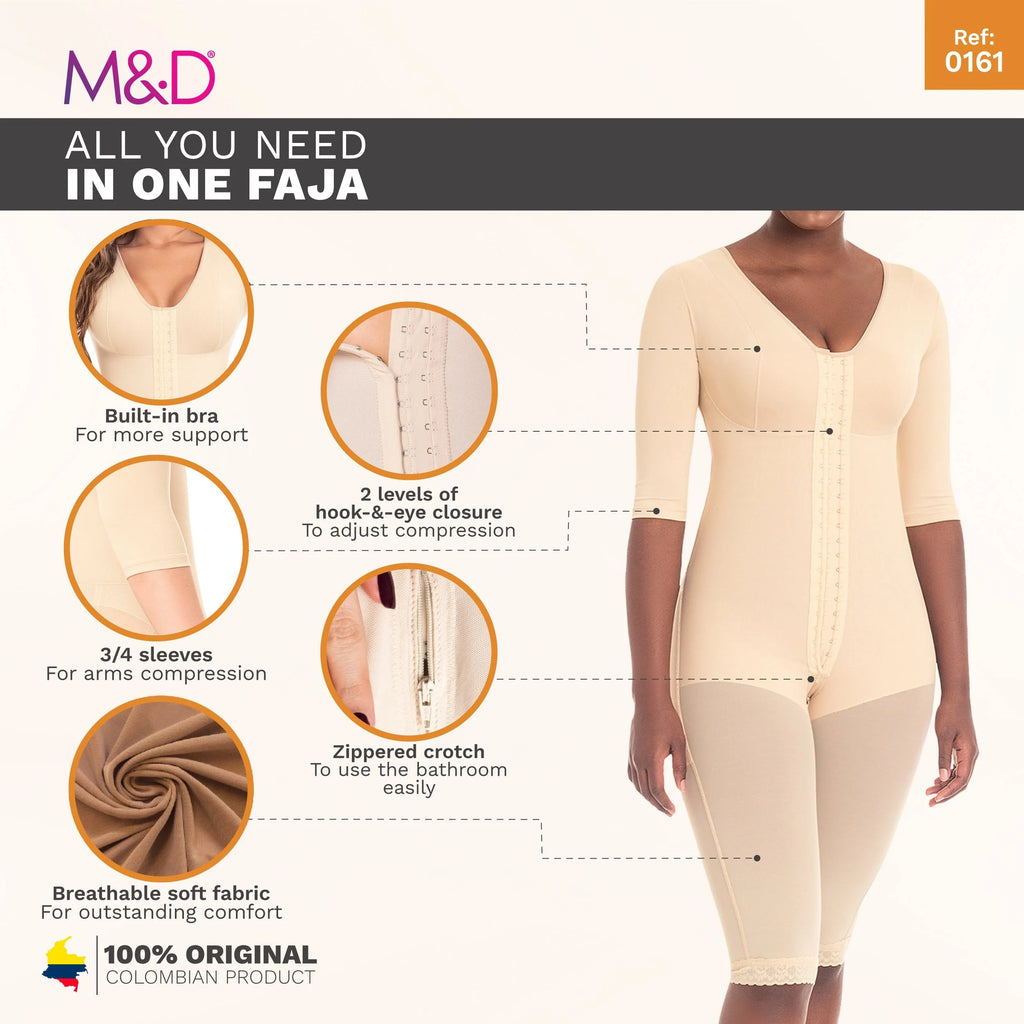 Fajas MyD 0161 beige full-body post-surgery faja with 3/4 sleeves, hook-eye closure, Colombian shapewear compression garment 
