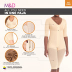 Fajas MyD 0161 beige full-body post-surgery faja with 3/4 sleeves, hook-eye closure, Colombian shapewear compression garment 