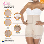 Fajas Salome 0218 beige high-waisted shaper shorts with lace trim, strapless Colombian shapewear for tummy control front view