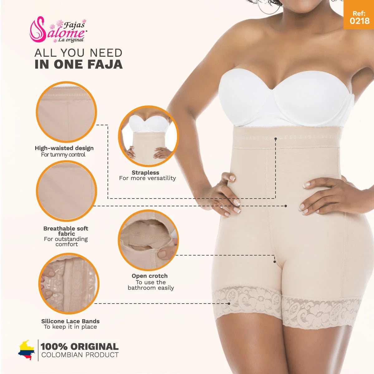 Fajas Salome 0218 beige high-waisted shaper shorts with lace trim, strapless Colombian shapewear for tummy control front view
