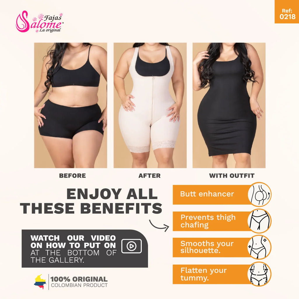 Fajas Salome 0218 beige Colombian shapewear shorts before after front view body shaper smooths silhouette flattens tummy