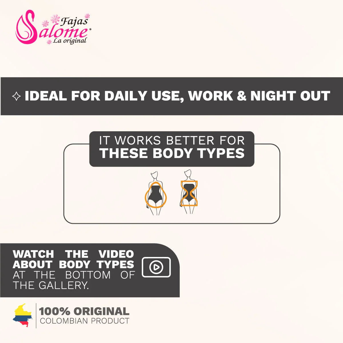 Fajas Salome 218 shaper shorts body type guide infographic, Colombian shapewear ideal for apple and hourglass figures daily u