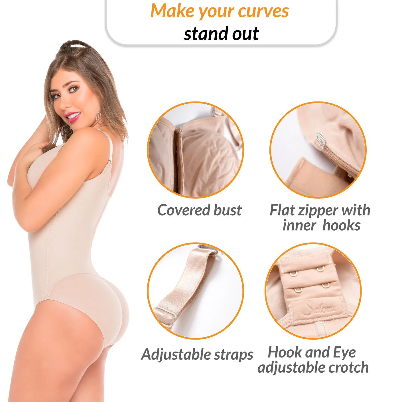 Fajas Salome 420 nude full-body Colombian shapewear bodysuit with covered bust, adjustable straps, and hook-eye crotch closur