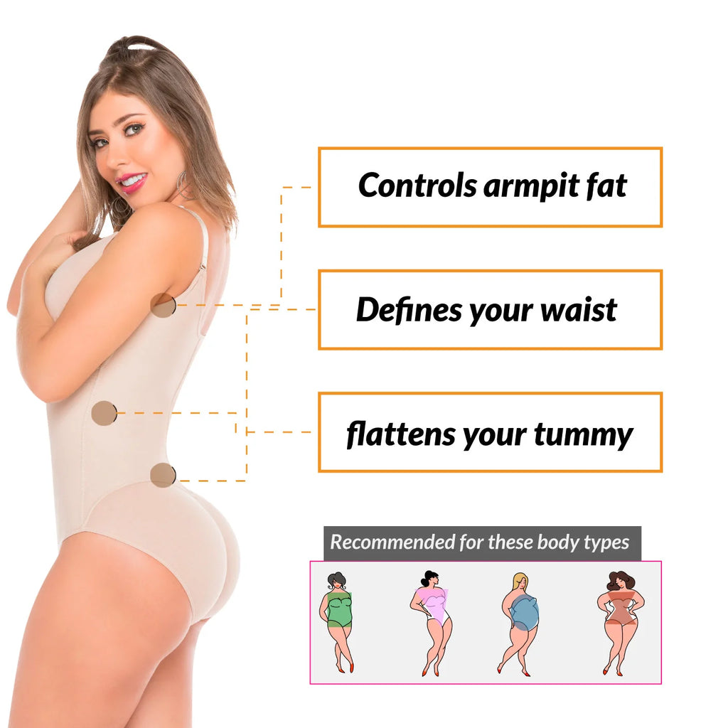 Fajas Salome 420 beige full-body Colombian shapewear bodysuit with tummy control and waist-defining compression, side view