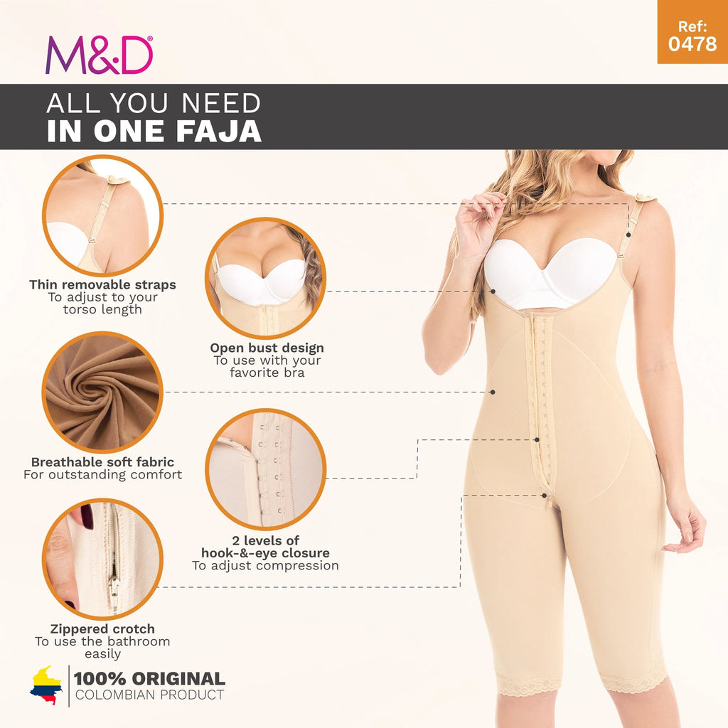 Fajas MyD 0478 beige open-bust post-surgery faja with hook-eye closure, Colombian shapewear bodysuit front view
