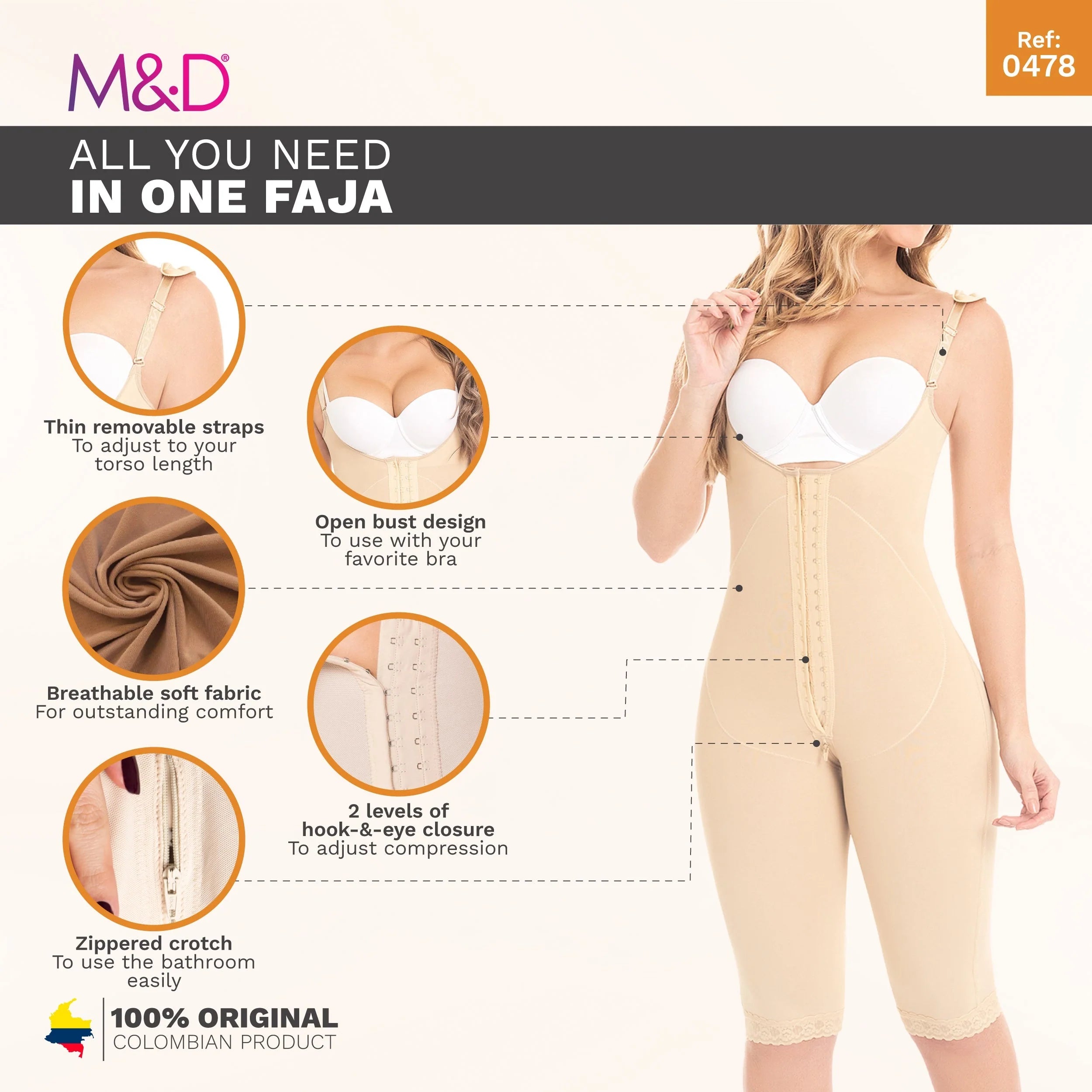 Fajas MyD 0478 beige open-bust post-surgery faja with hook-eye closure, Colombian shapewear bodysuit front view