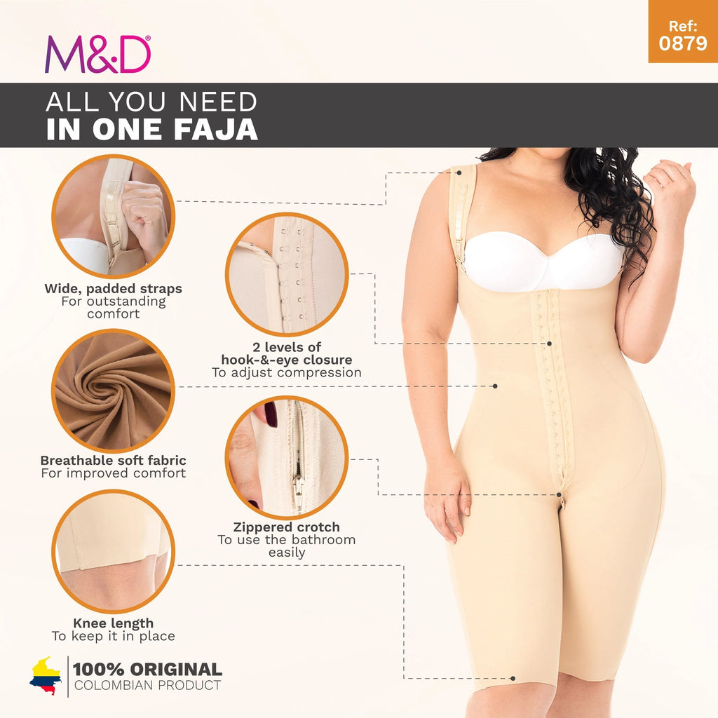 Fajas MyD 0879 beige post-surgery faja colombiana full-body shaper with hook closure and zippered crotch front view