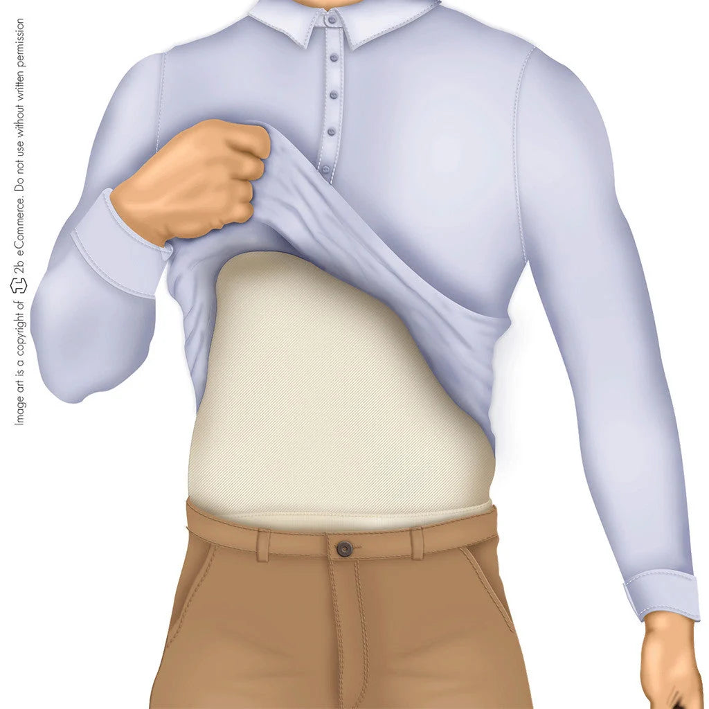 Diane & Geordi DAG-002007 beige abdominal binder lifted to show fit, daily Colombian shapewear compression garment for men