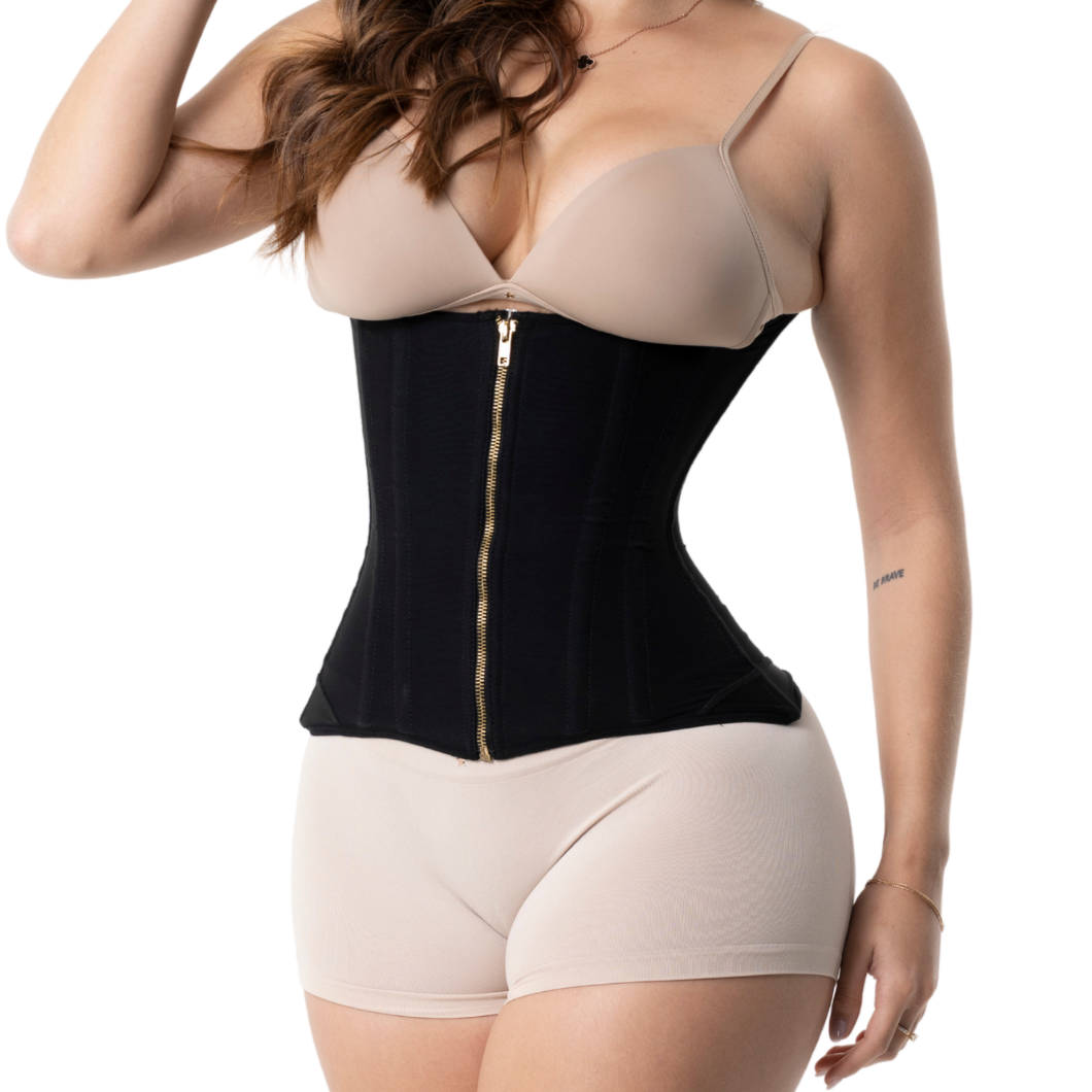 Fajas Salome 7011 black zipper waist trainer front view, Colombian shapewear compression garment for daily body shaping