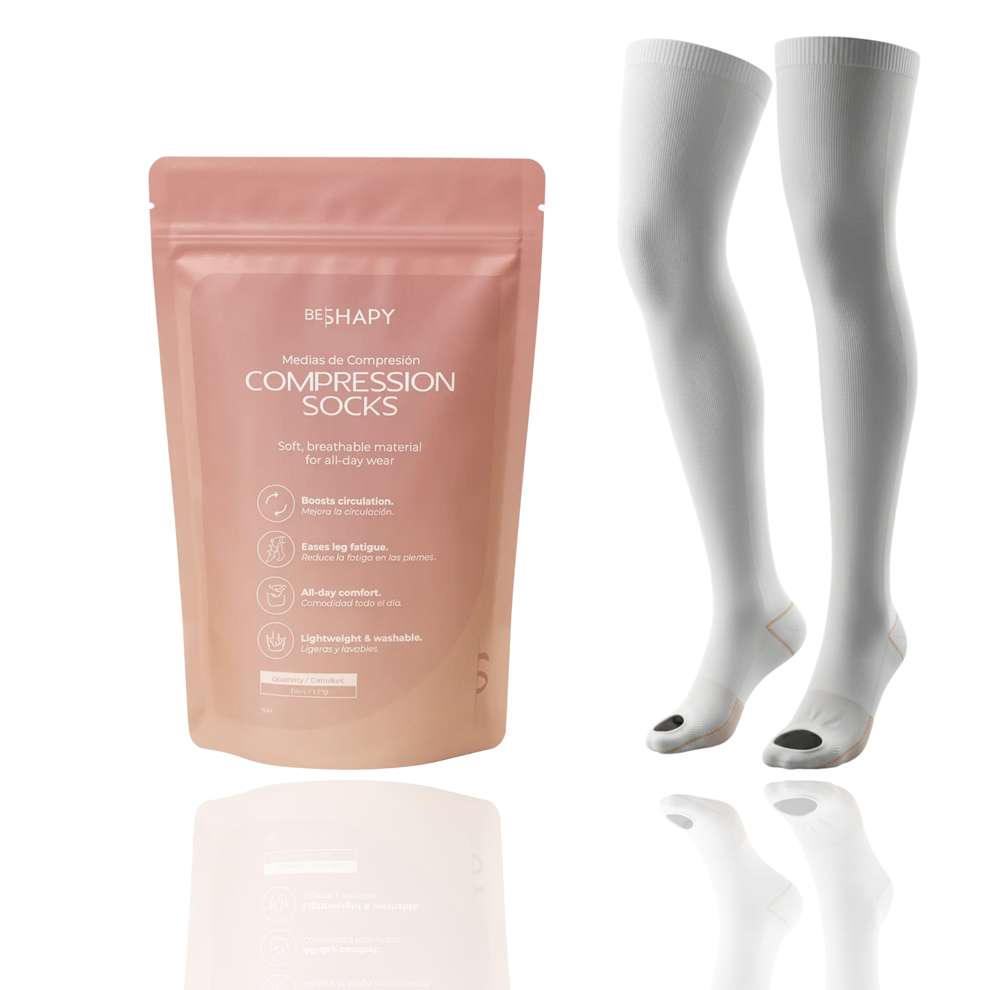 Be Shapy white thigh-high compression socks with open toe, Colombian shapewear accessory for daily circulation support