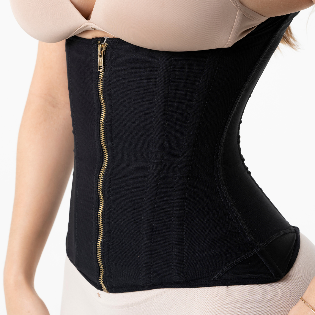 Fajas Salome 7011 black waist trainer with gold zipper closure, Colombian shapewear side view for women