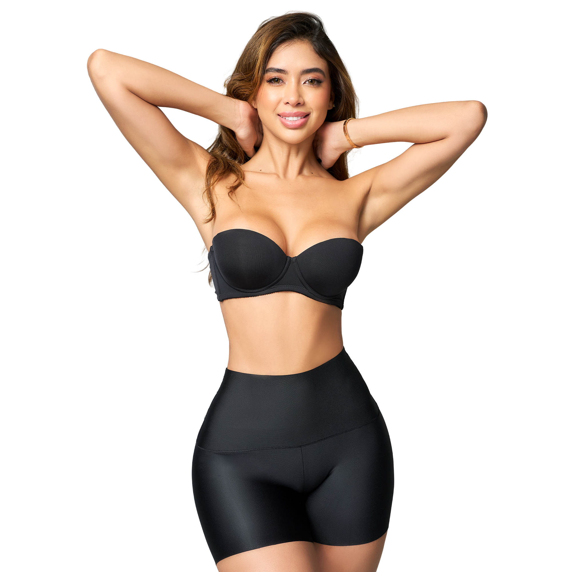 Fajas Salome 020879 black strapless body shaper shorts set, daily Colombian shapewear for women front view