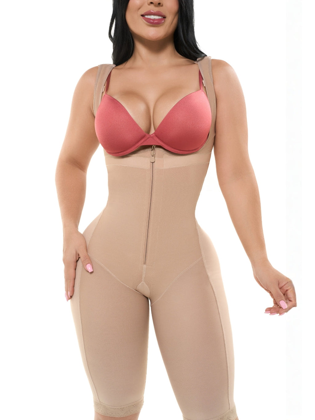 Fajas Salome 232 beige full-body post-surgery faja with front zipper and open bust, Colombian shapewear for postpartum recove