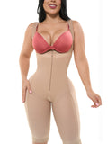 Fajas Salome 232 beige full-body post-surgery faja with front zipper and open bust, Colombian shapewear for postpartum recove