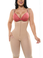 Fajas Salome 232 beige full-body post-surgery faja with front zipper and open bust, Colombian shapewear for postpartum recove