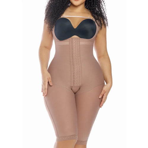 Fajas Salome 232 nude post-surgery faja colombiana with hook closure and knee-length cut, Colombian shapewear front view