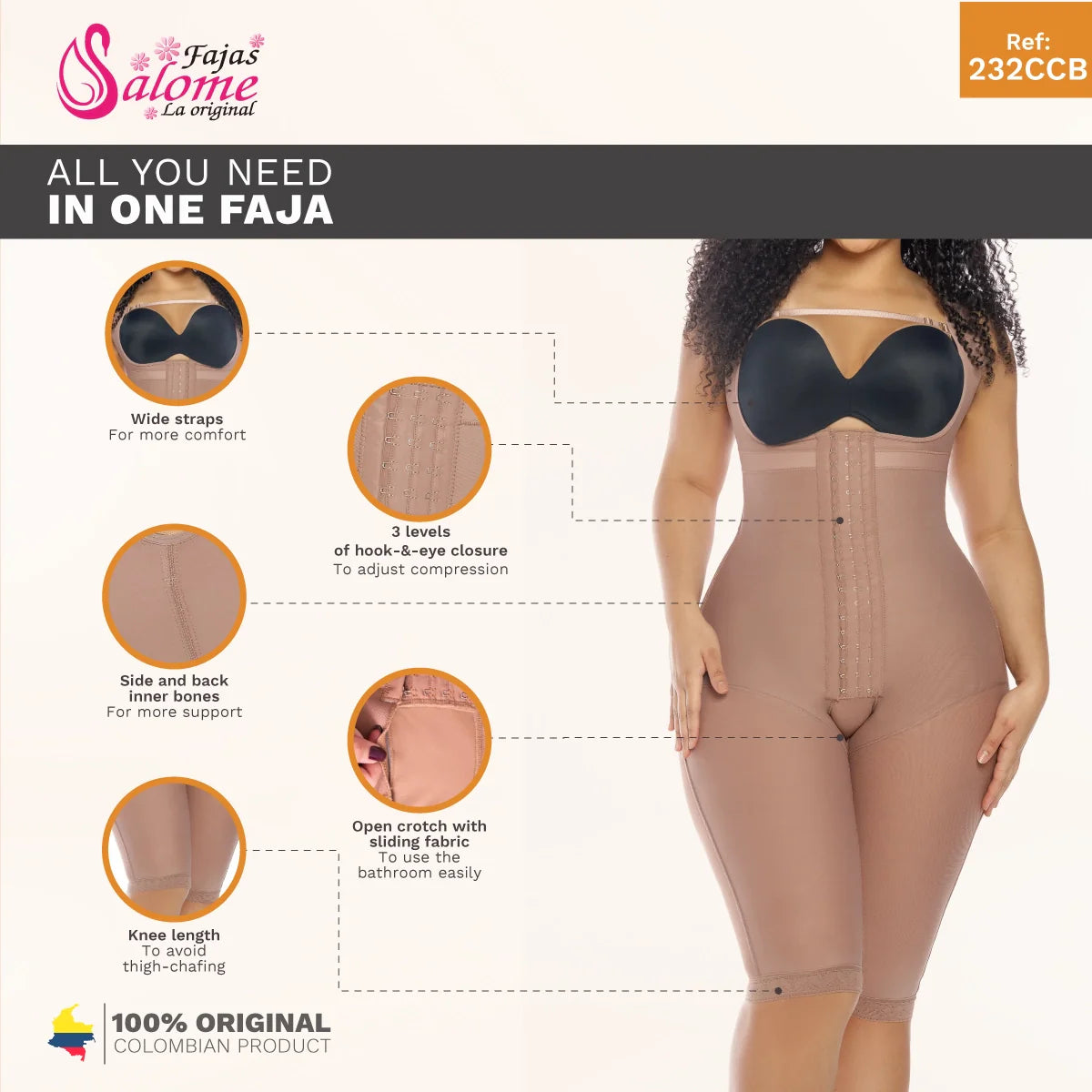 Fajas Salome 232CCB nude full-body post-surgery faja colombiana with hook closure and knee-length compression front view