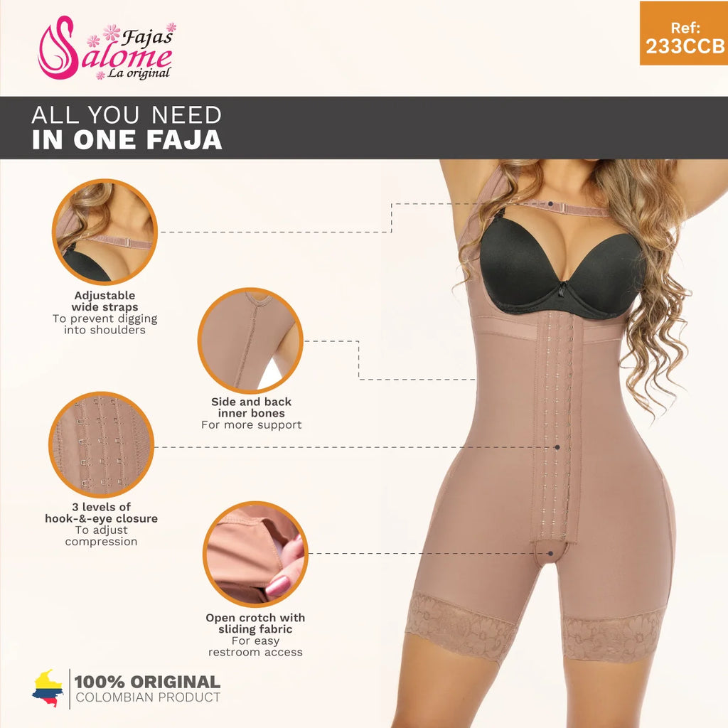 Fajas Salome 233CCB nude post-surgery Colombian body shaper with hook closure, adjustable straps, and open crotch front view