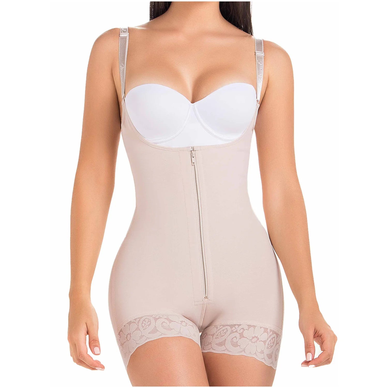 DEZY DEZYBI235 beige open-bust bodysuit with front zipper and lace trim, Colombian shapewear faja for daily body shaper use