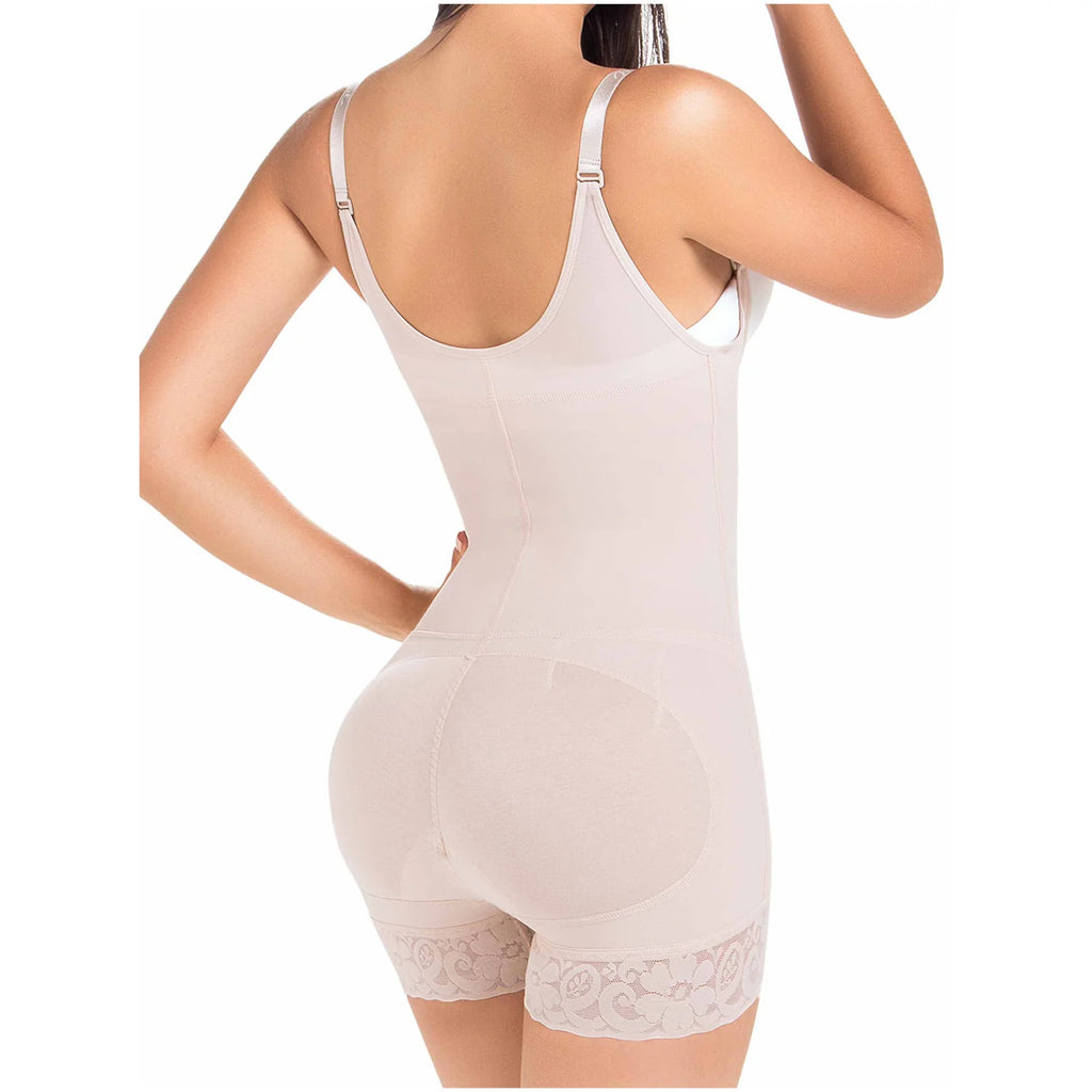 DEZY DEZYBI235 beige full-body Colombian shapewear with lace trim and butt lifter, seamless faja colombiana back view