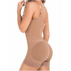 DEZY DEZYBI235 beige seamless body shaper with butt lifter and lace trim, Colombian shapewear bodysuit back view