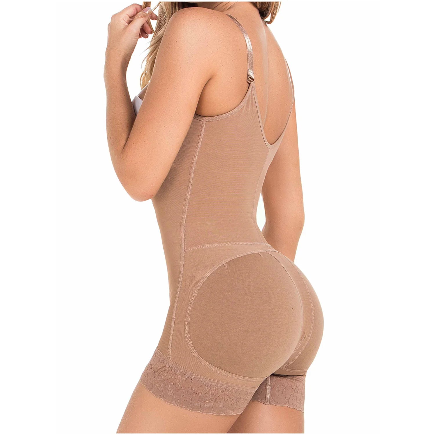 DEZY DEZYBI235 beige seamless body shaper with butt lifter and lace trim, Colombian shapewear bodysuit back view