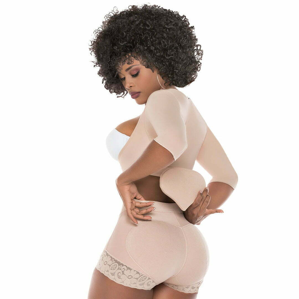 Fajas Salome 2510 beige post-surgery faja with arm shaper and lace shorts, Colombian shapewear side view