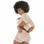 Fajas Salome 2510 beige post-surgery faja with arm shaper and lace shorts, Colombian shapewear side view