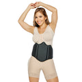 Fajas Salome 2515 beige bodysuit with black waist cincher pad, Colombian shapewear post-surgery compression garment front vie