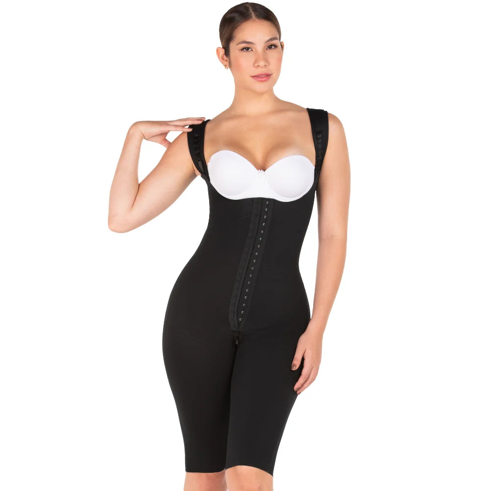 Fajas MyD MYDF0879 black full-body post-surgery faja with hook closure and straps, Colombian shapewear front view