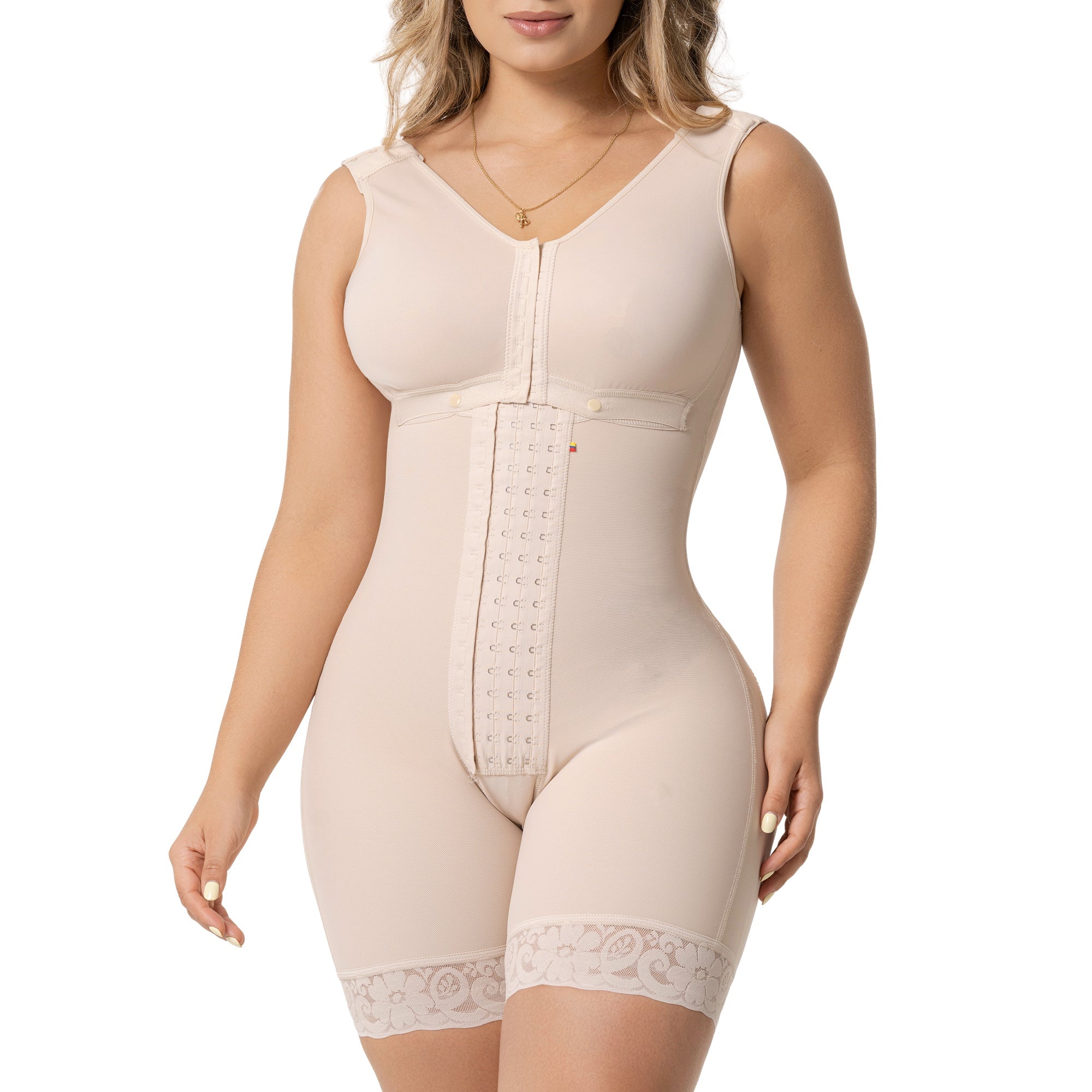 Fajas Salome 6086 beige full-body Colombian shapewear bodysuit with hook closure and lace hem, daily body shaper front view