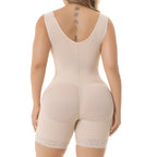 Fajas Salome 6086 beige full-body Colombian shapewear bodysuit with lace hem, butt-lifting body shaper back view