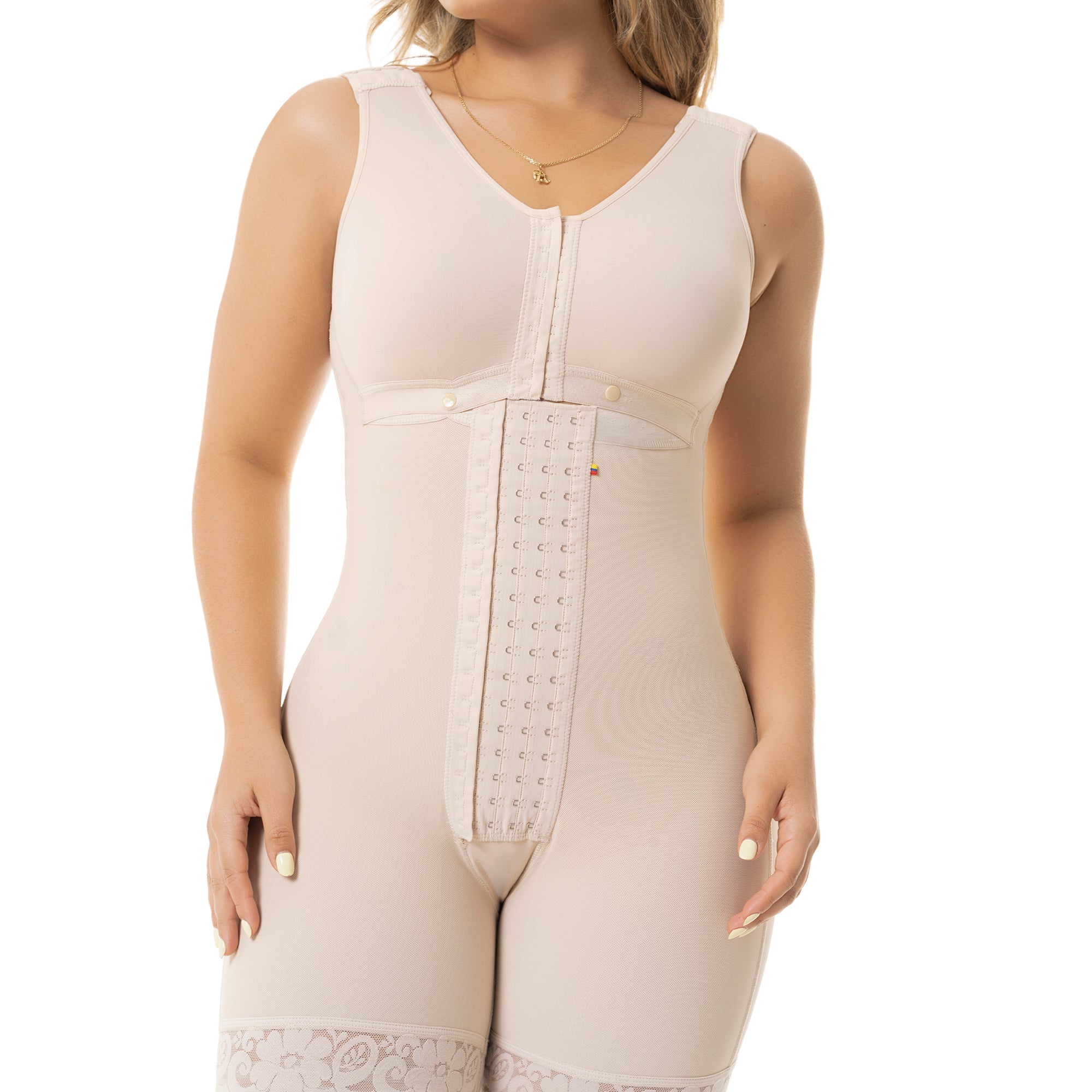 Fajas Salome 6086 beige full-body Colombian shapewear bodysuit with hook-and-eye closure, daily compression garment front vie