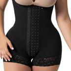 Fajas Salome 6066 black full-body Colombian shapewear bodysuit with hook closure and lace trim, daily body shaper front view