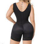 Fajas Salome 6086 black full-body Colombian shapewear bodysuit with butt lifter and lace hem, daily body shaper back view
