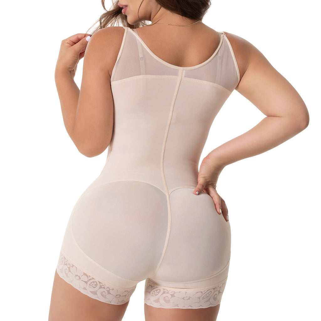 Fajas Salome 6066 beige full-body Colombian shapewear bodysuit with lace trim and butt-lifting design, daily body shaper back