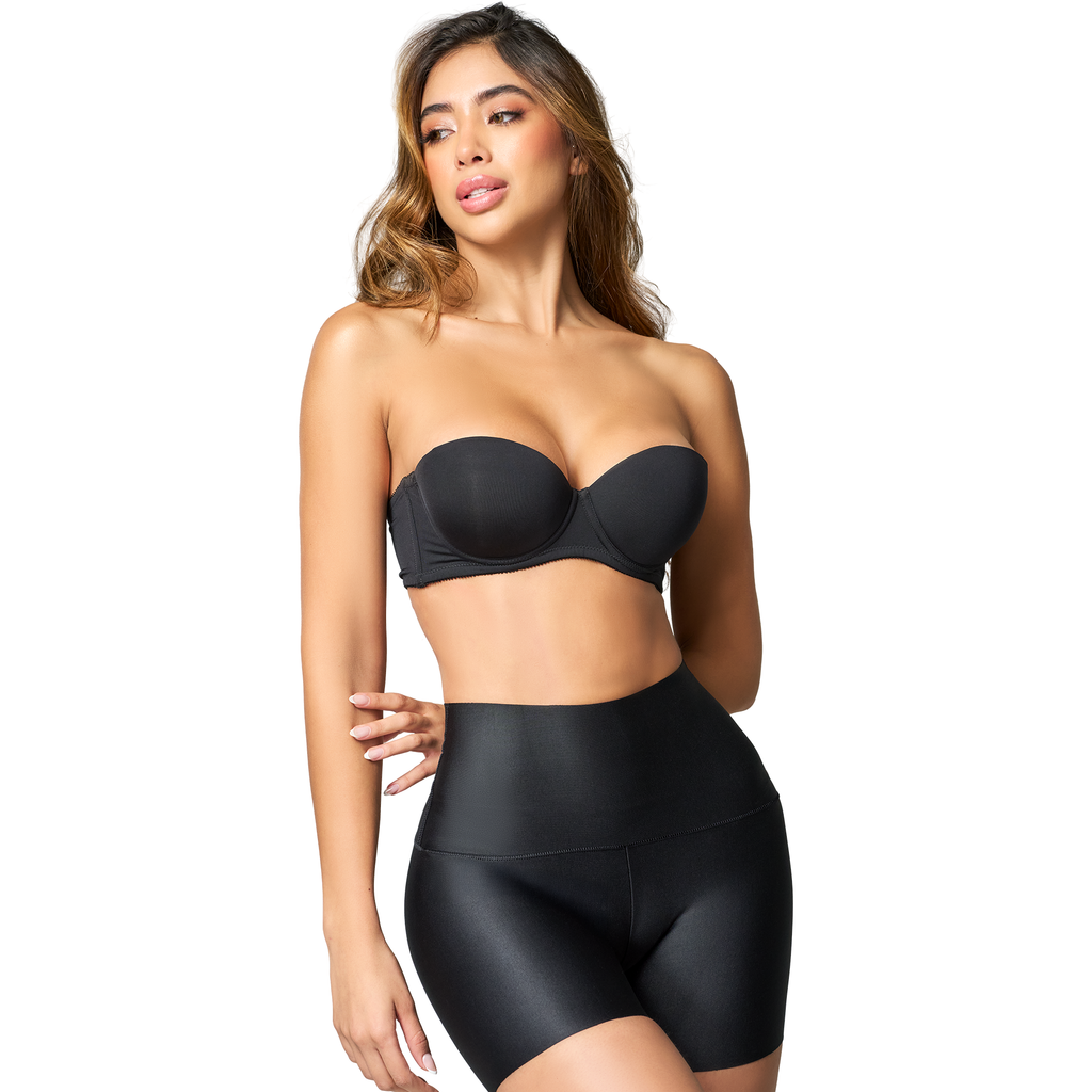 Fajas Salome 020879 black strapless bra and high-waist shorts Colombian shapewear set, daily body shaper front view