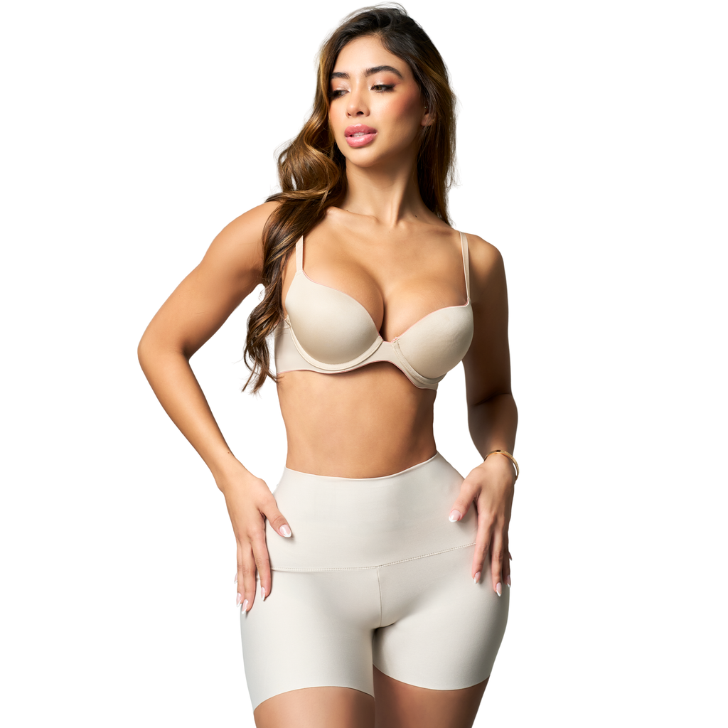 Fajas Salome 020879 nude boyshort body shaper with push-up bra, daily Colombian shapewear for women front view