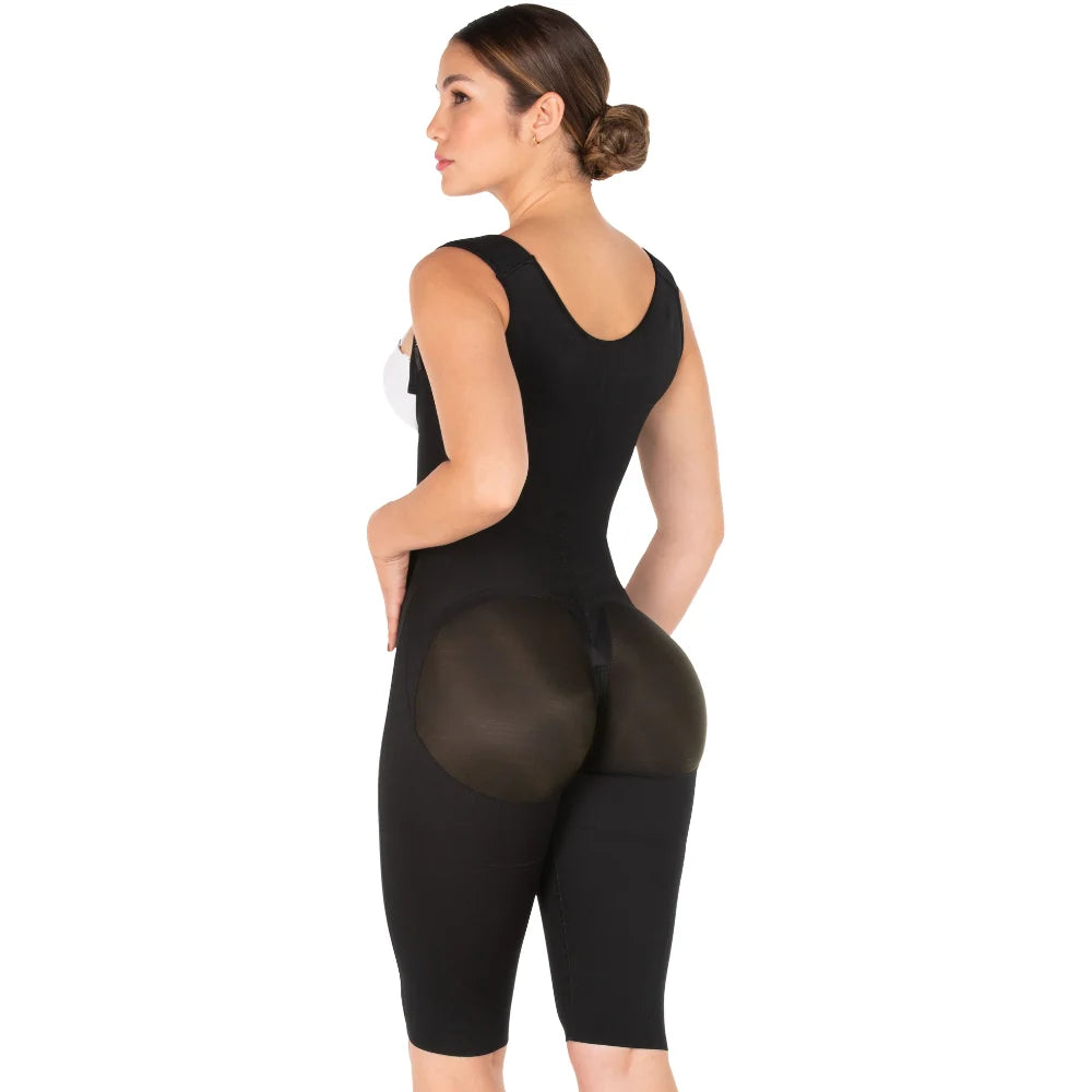 Fajas MyD MYDF0879 black full-body post-surgery faja colombiana with open-back mesh butt lifter, Colombian shapewear back vie