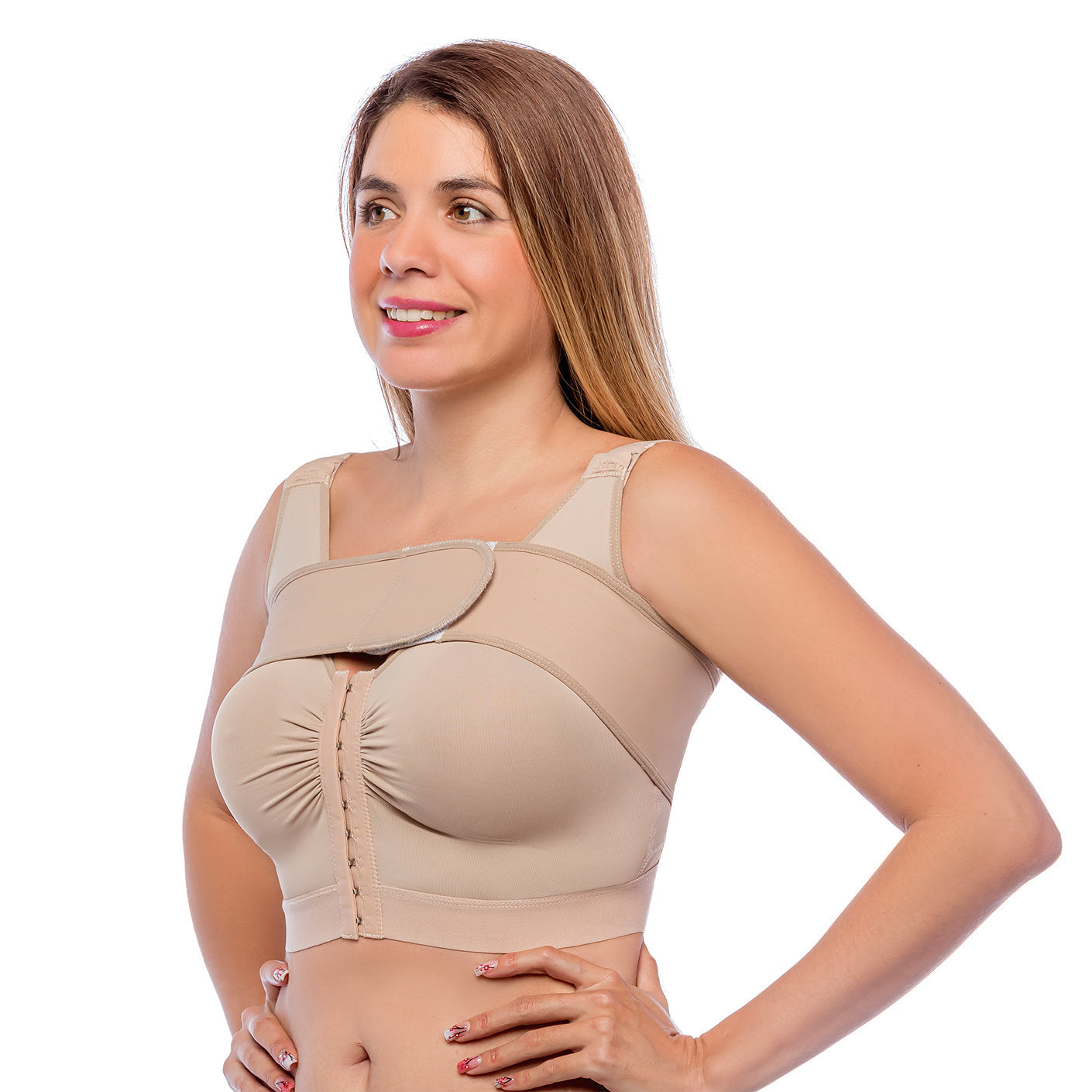 Fajas Salome 308 nude post-surgery compression bra with front hooks and wide straps, Colombian shapewear side view